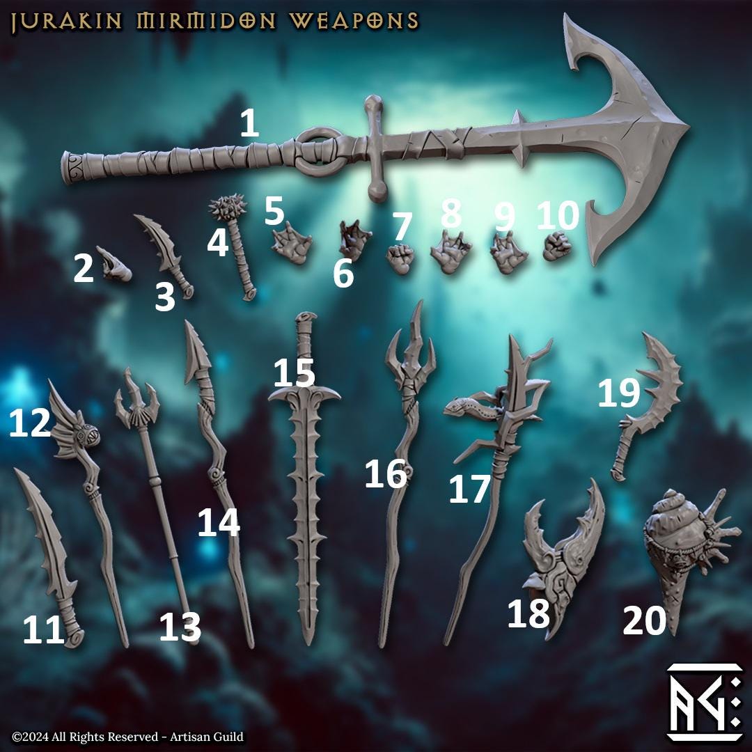 Jurakin Mirmidon Hands and Weapons, 28mm Scale (20 Variants Available) - Artisan Guild