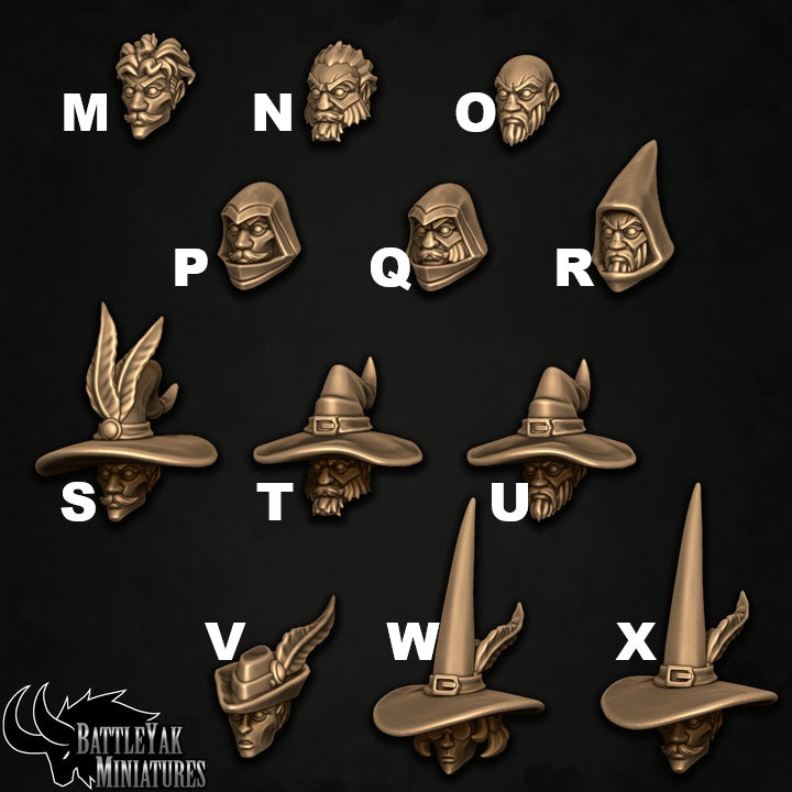 Collegiate Mage Heads, Human Wizard Customisation Pack - 32mm Scale (24 Variants Available) - Battle Yak