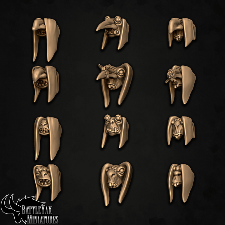 Moggrot Scrabbleslaves Goblin Heads - Floppy, Customisation Pack - 32mm Scale (12 Variants Available) - Battle Yak