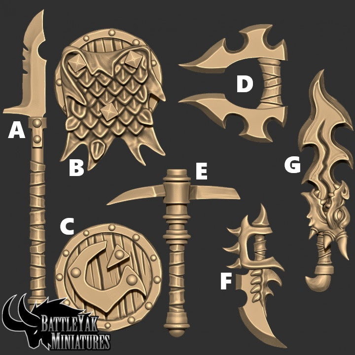 Drakkisan Wyrmspawn Weapons and Shields, Customisation Pack - 32mm Scale (12 Variants Available) - Battle Yak