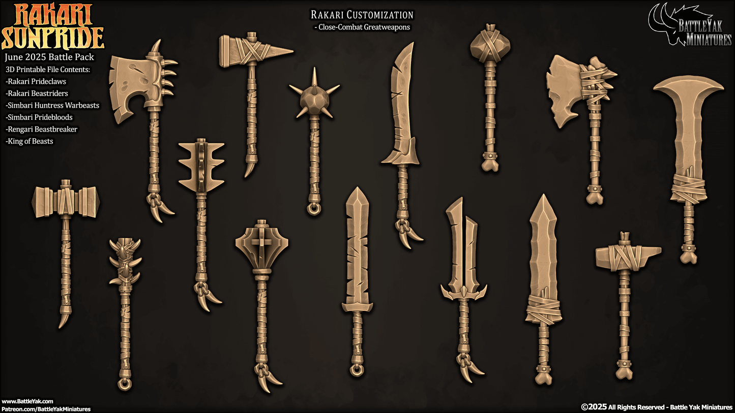 Rakari Sunpride Weapons, Customisation Pack - 32mm Scale (15 Variants Available) - Battle Yak