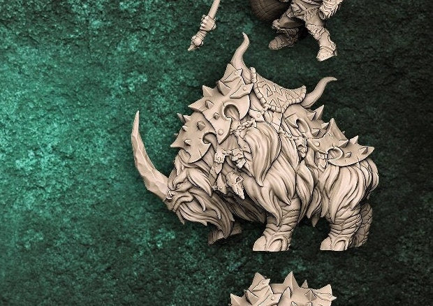 Grothak riding an Armoured Frosthorn - Artisan Guild