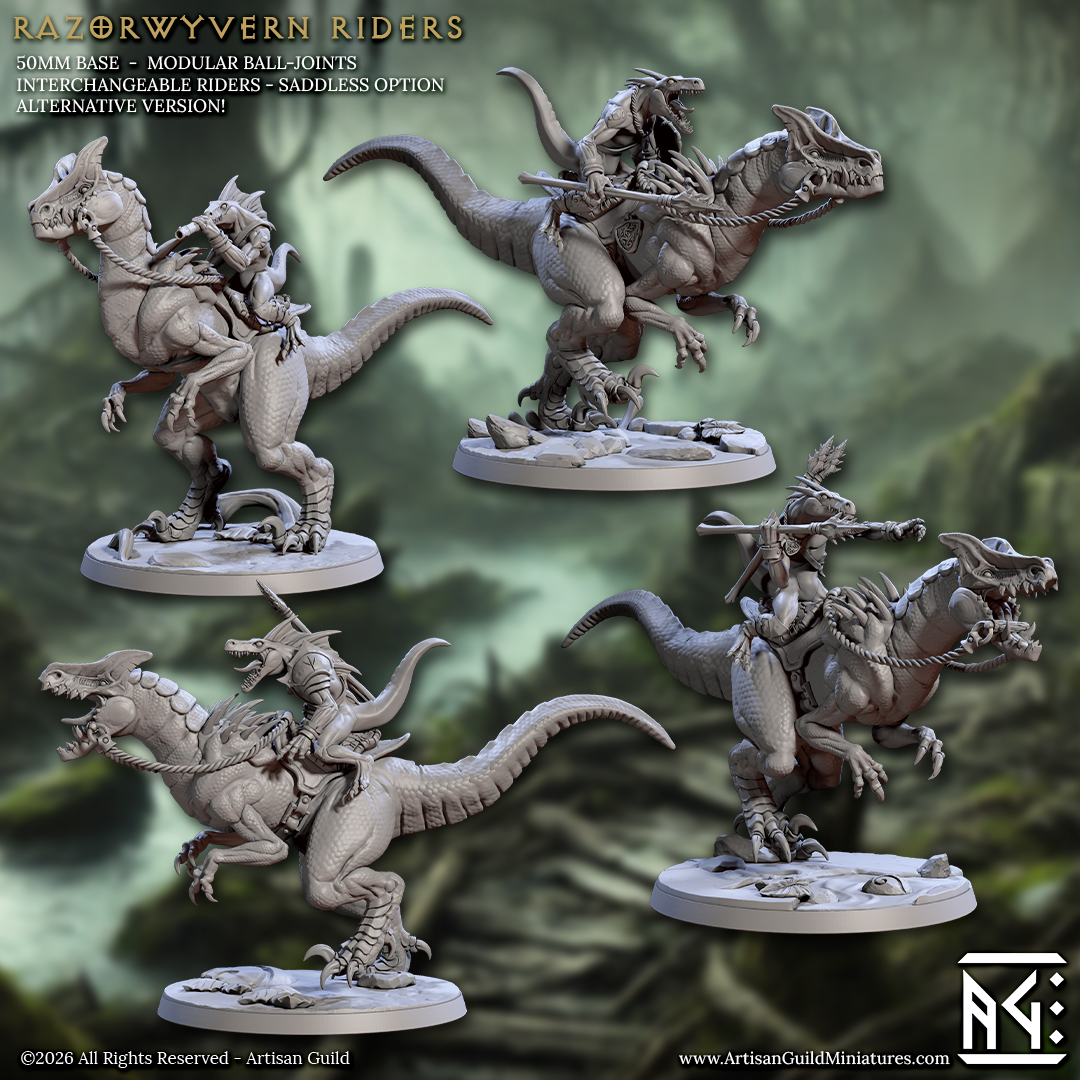 Falgor Razorwyvern Rider Lizardlings, Skink Dinosaur Cavalry (4 Variants Available) - Artisan Guild