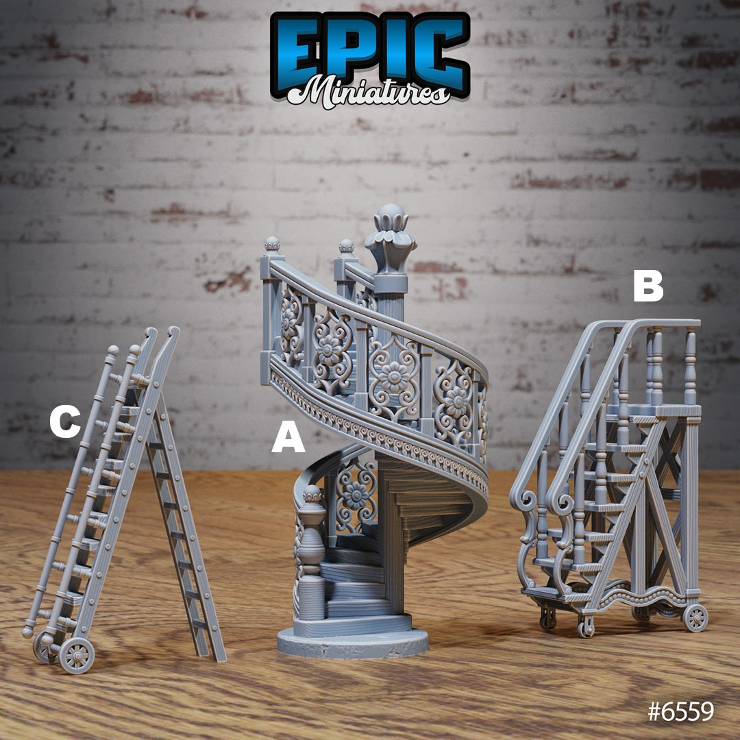 Magical Library Terrain Scatter Set - Stairs, Ladders & Wall Cages (6 Variants Available) - Epic Miniatures