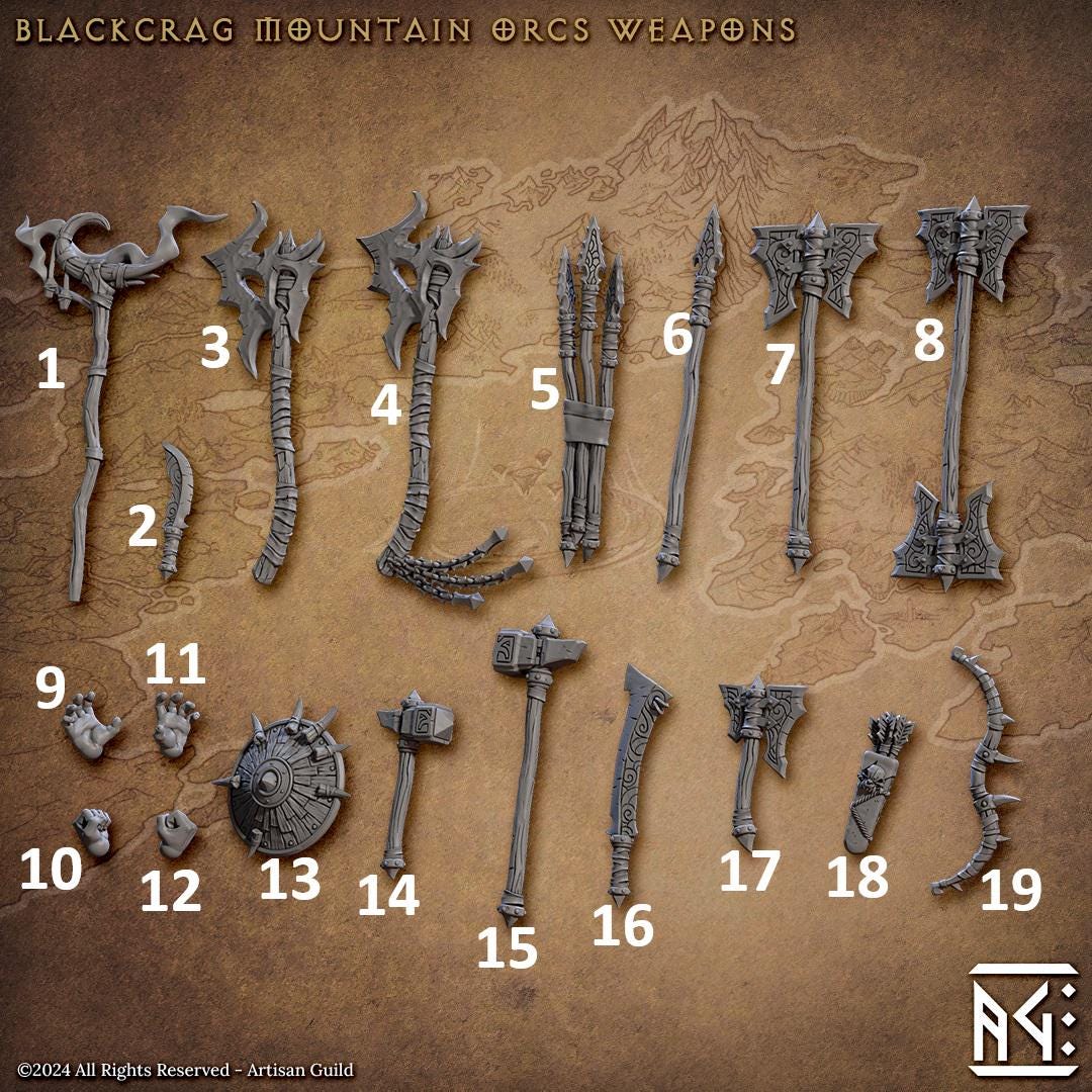 Blackcrag Orcs, Weapons and Hands 32mm Scale (19 Variants Available) - Artisan Guild