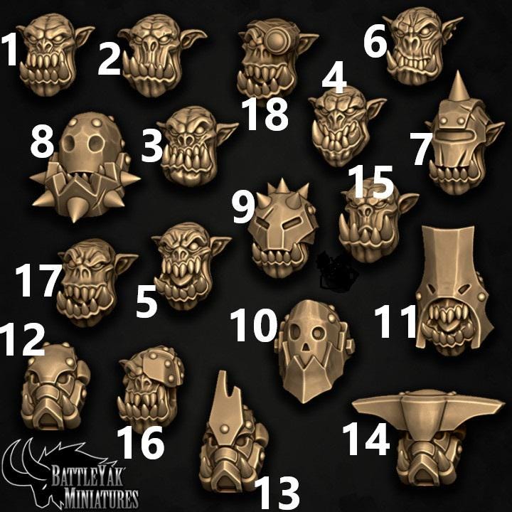 Beastorkk Heads, Customisation Pack - 32mm Scale (18 Variants Available) - Battle Yak