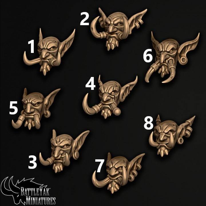 Trollkin Male Heads, Customisation Pack - 28mm Scale (16 Variants Available) - Battle Yak