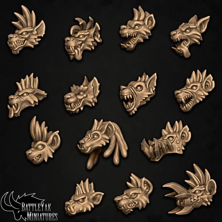 Hecklefang Hyenard Heads, Customisation Pack - 28mm Scale (14 Variants Available) - Battle Yak