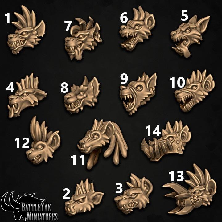 Hecklefang Hyenard Heads, Customisation Pack - 32mm Scale (14 Variants Available) - Battle Yak