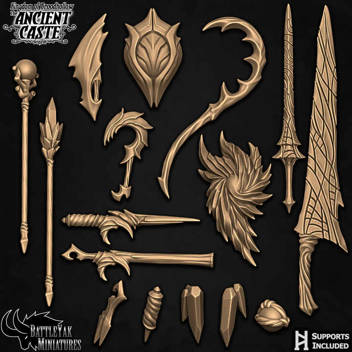 Ancient Caste Weapons & Trinkets, Insect Folk Customisation Pack - 28mm Scale (16 Variants Available) - Battle Yak
