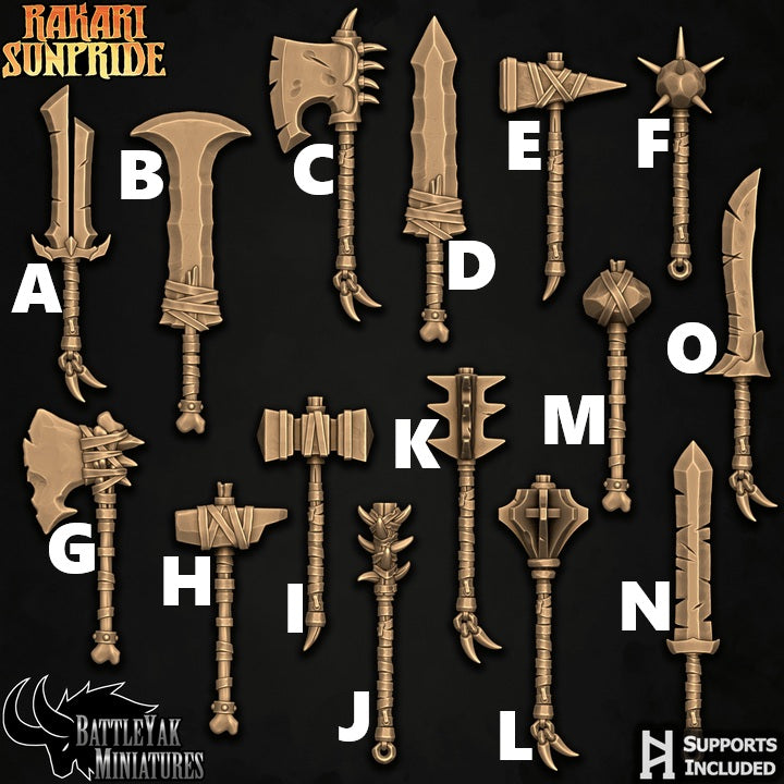 Rakari Sunpride Weapons, Customisation Pack - 32mm Scale (15 Variants Available) - Battle Yak