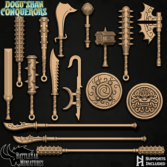 Dogu Shan Weapons and Shields, Guardian Fuu Dog Folk Customisation Pack - 28mm Scale (16 Variants Available) - Battle Yak