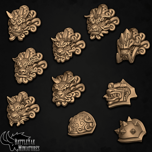 Dogu Shan Heads and Pauldrons, Guardian Fuu Dog Folk Customisation Pack - 28mm Scale (10 Variants Available) - Battle Yak