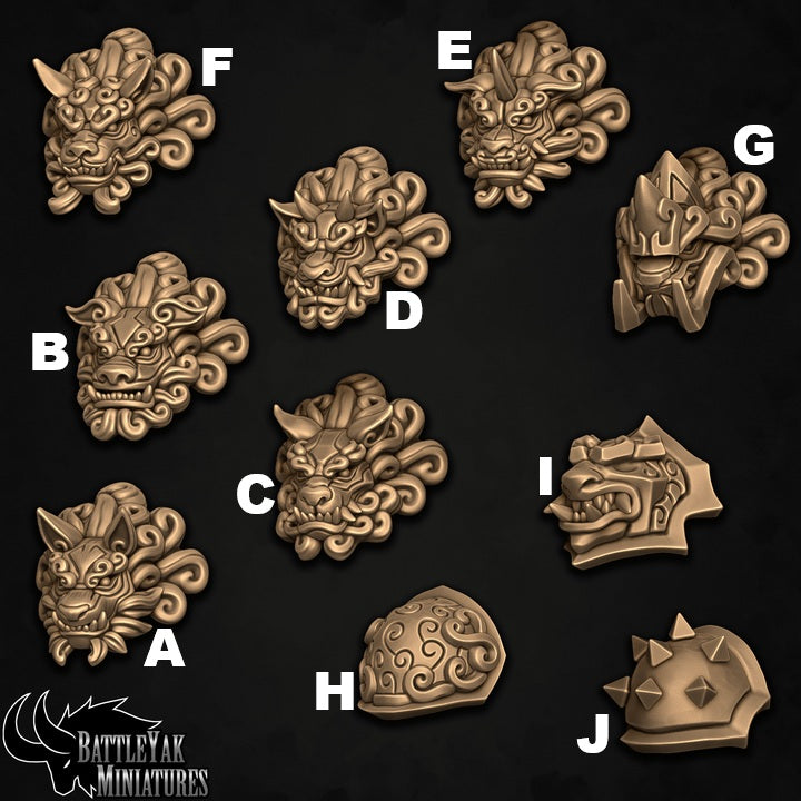 Dogu Shan Heads and Pauldrons, Guardian Fuu Dog Folk Customisation Pack - 28mm Scale (10 Variants Available) - Battle Yak