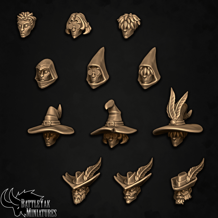 Collegiate Mage Heads, Human Wizard Customisation Pack - 32mm Scale (24 Variants Available) - Battle Yak