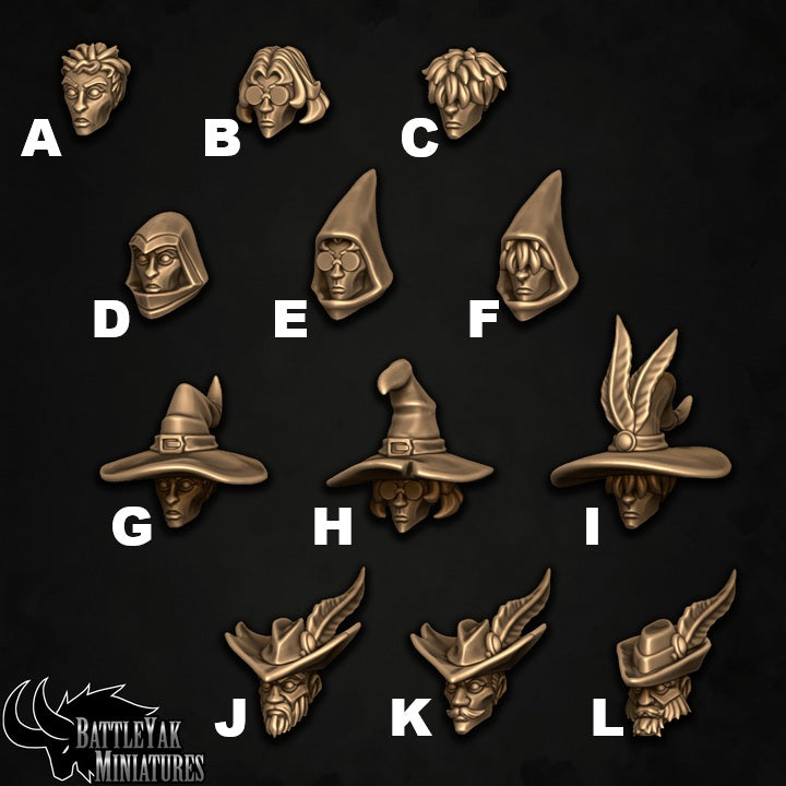 Collegiate Mage Heads, Human Wizard Customisation Pack - 32mm Scale (24 Variants Available) - Battle Yak