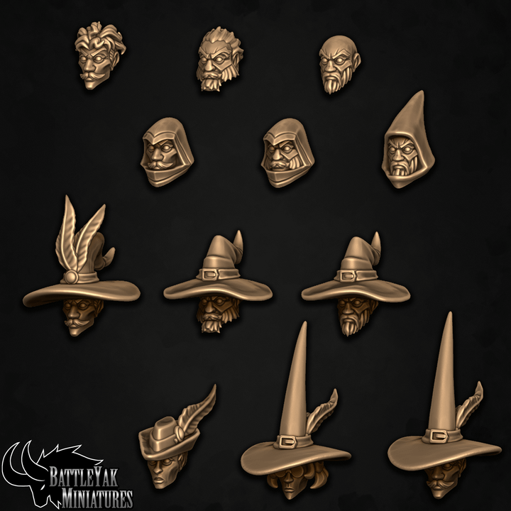 Collegiate Mage Heads, Human Wizard Customisation Pack - 32mm Scale (24 Variants Available) - Battle Yak