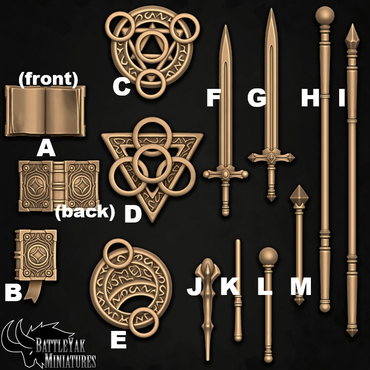 Arcanum Collegiate Weapons & Trinkets, Human Wizard Customisation Pack - 28mm Scale (23 Variants Available) - Battle Yak