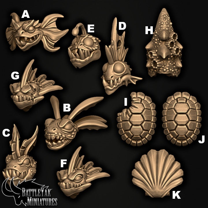 Sharkzerker Piranaka Customisation Pack, Fishfolk Heads & Weapons - 28mm Scale (19 Variants Available) - Battle Yak