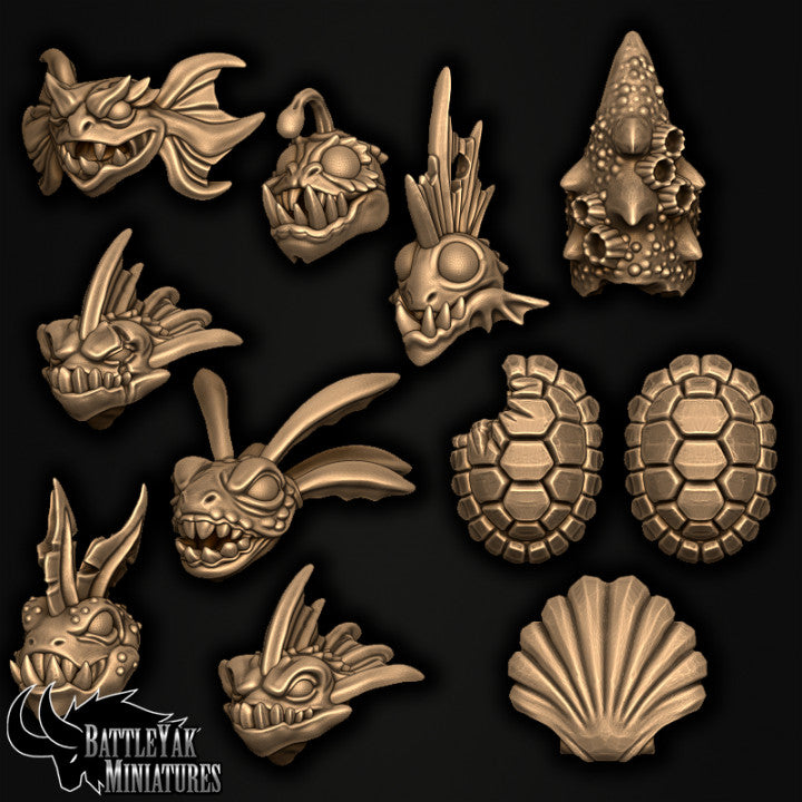 Sharkzerker Piranaka Customisation Pack, Fishfolk Heads & Weapons - 28mm Scale (19 Variants Available) - Battle Yak