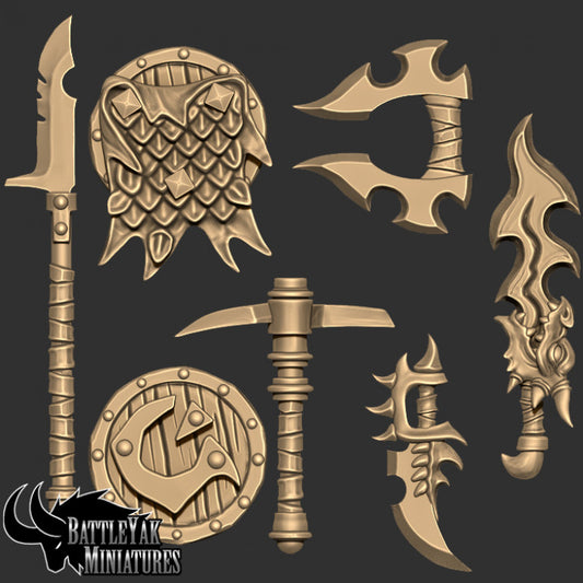 Drakkisan Wyrmspawn Weapons and Shields, Customisation Pack - 28mm Scale (12 Variants Available) - Battle Yak