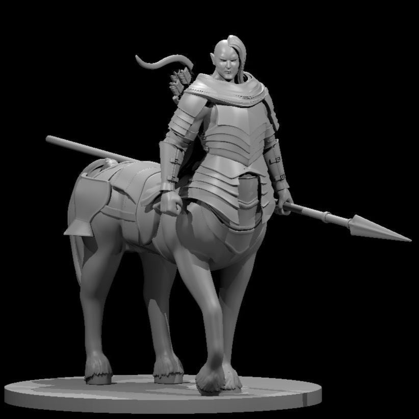 Statue of a centaur warrior with armor and weapons on a black background