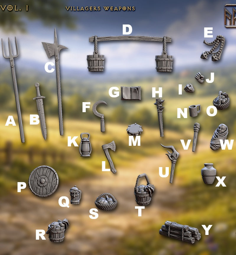 Villagers and Townsfolk Weapons, 28mm Scale (25 Variants Available) - Artisan Guild