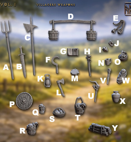 Villagers and Townsfolk Weapons, 28mm Scale (25 Variants Available) - Artisan Guild